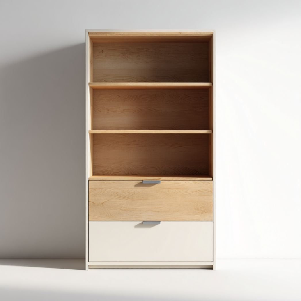 Libreria con Vani a Giorno e 2 Cassetti in Legno di Rovere e Bianco