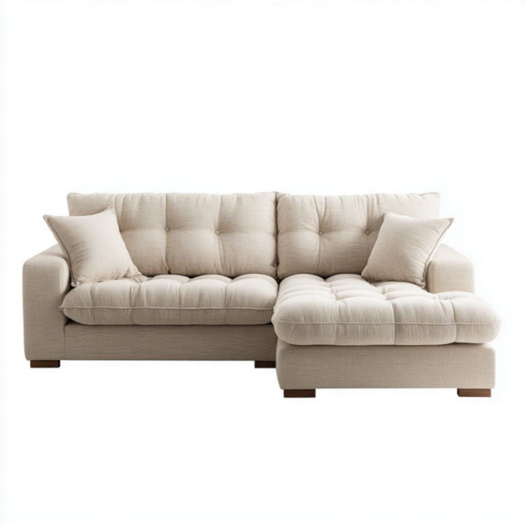 Divano Angolare con Penisola in Tessuto Beige e Piedini in Legno