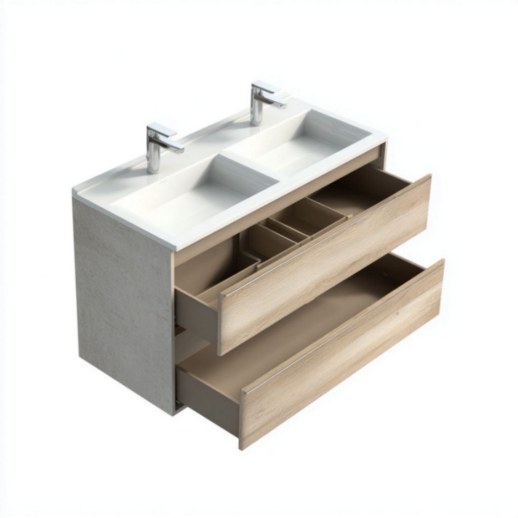 Mobile Bagno Sospeso con Doppio Lavabo Integrato e Due Cassetti in Pannello di Particelle