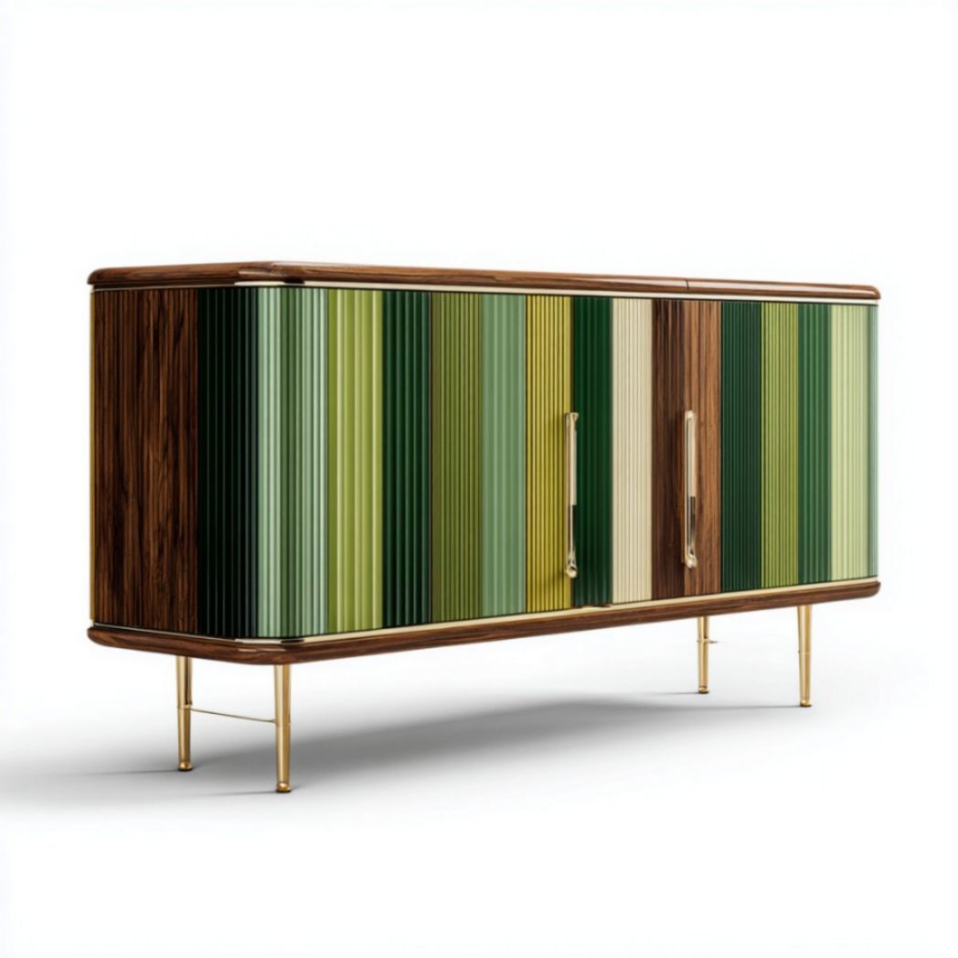 Credenza con ante a strisce di legno e gambe in metallo